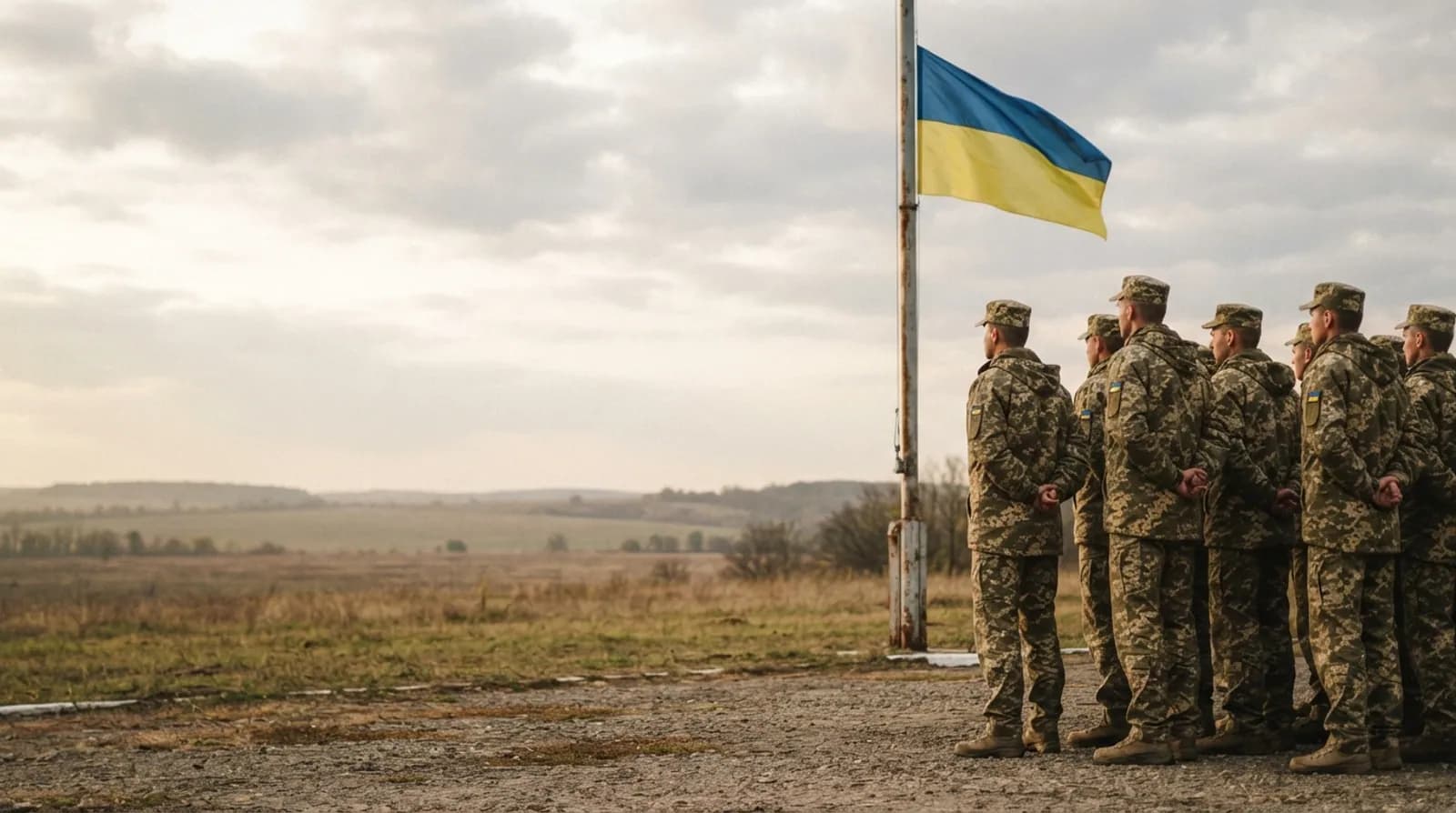 Стрій військових біля флагштока з прапором України на польовому плацу