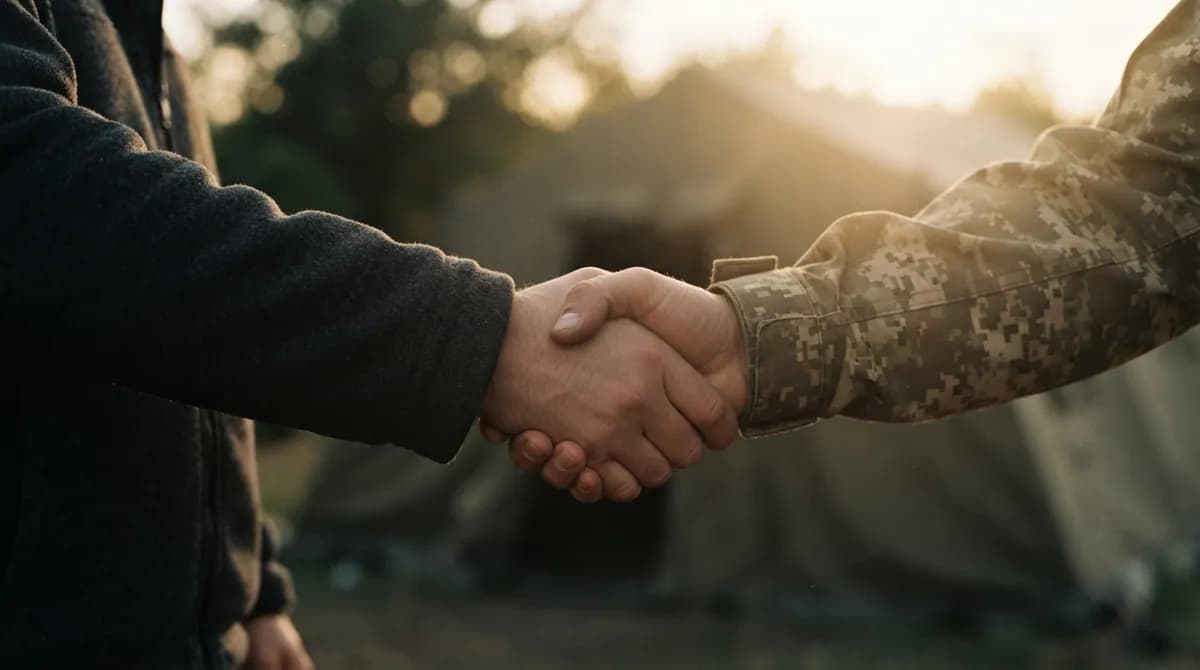 Рукостискання цивільного і бійця в піксельному камуфляжі на тлі польового табору