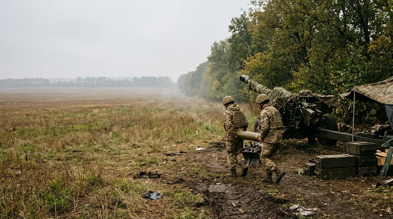 Розрахунок несе снаряд до гаубиці під маскувальною сіткою