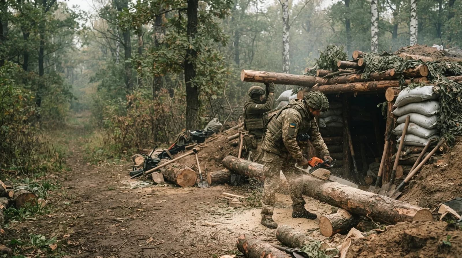 Військові будівельники зводять бліндаж із колод на узліссі
