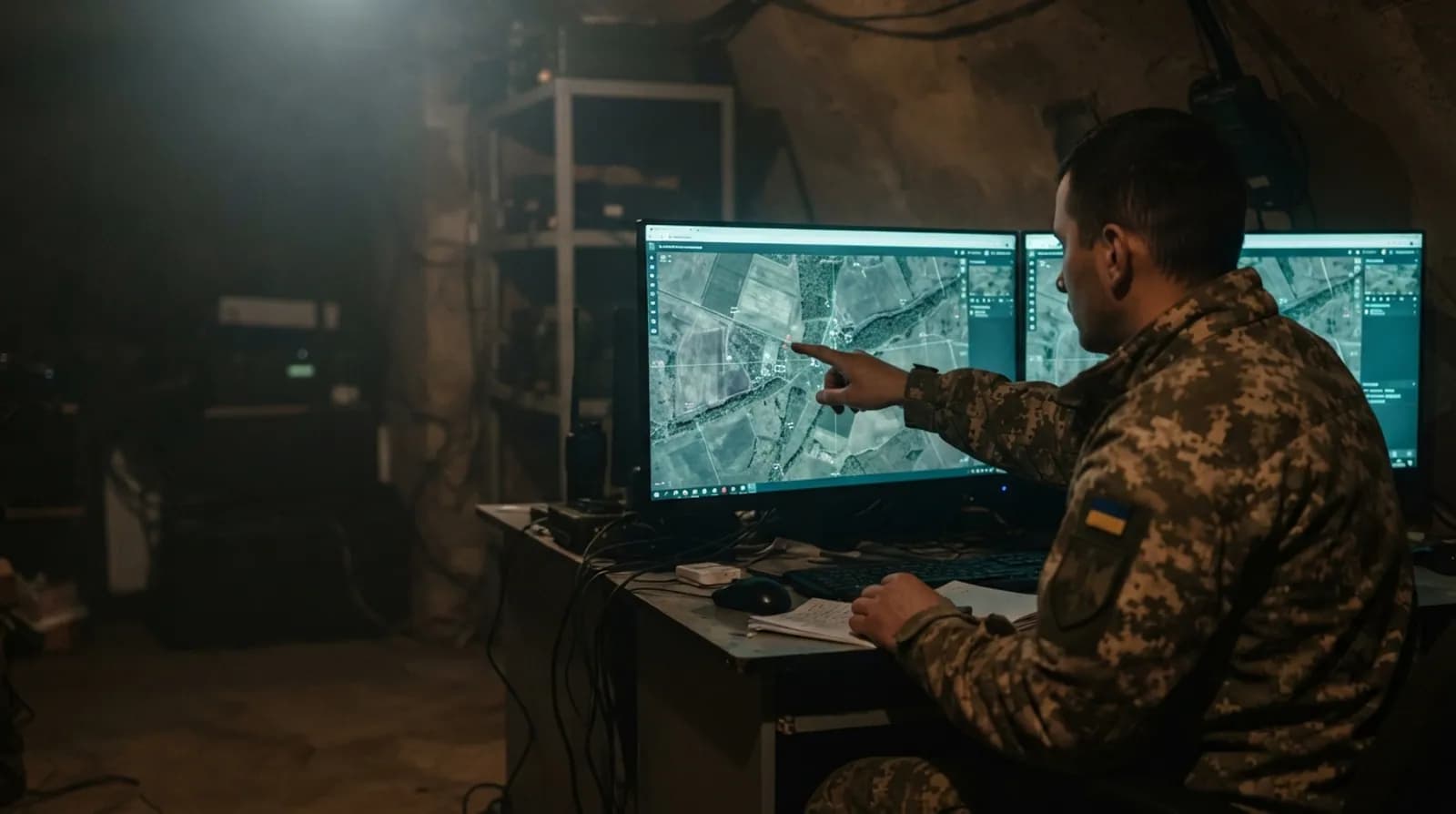 Дешифрувальник аналізує аерознімки з дрона на двох моніторах у командному пункті