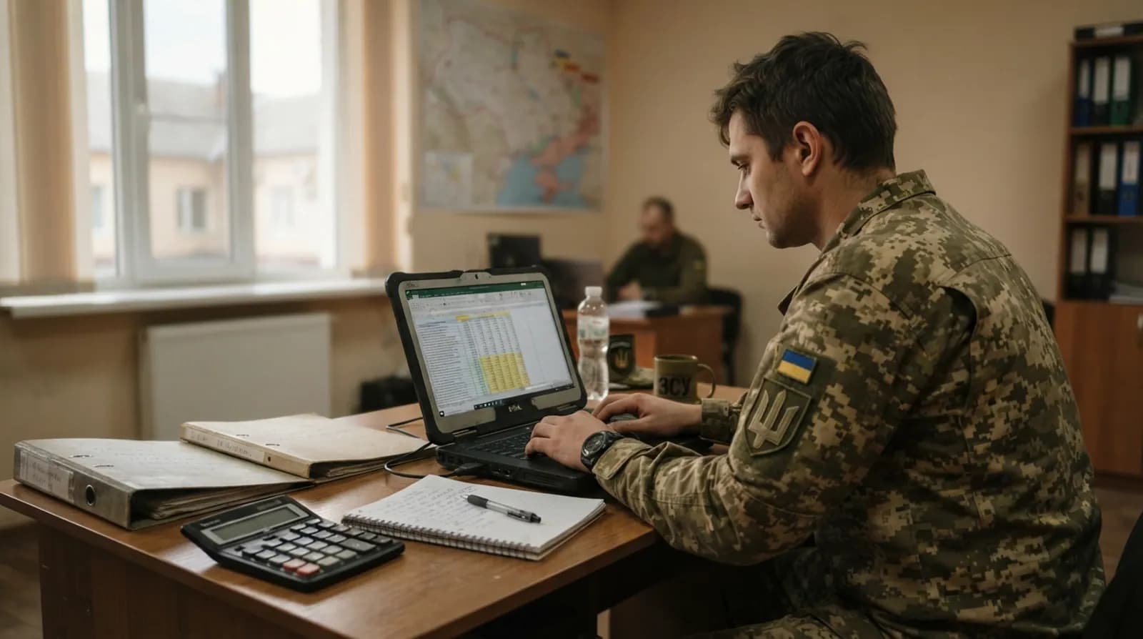 Військовий фінансист переглядає таблиці на ноутбуці серед папок у штабі