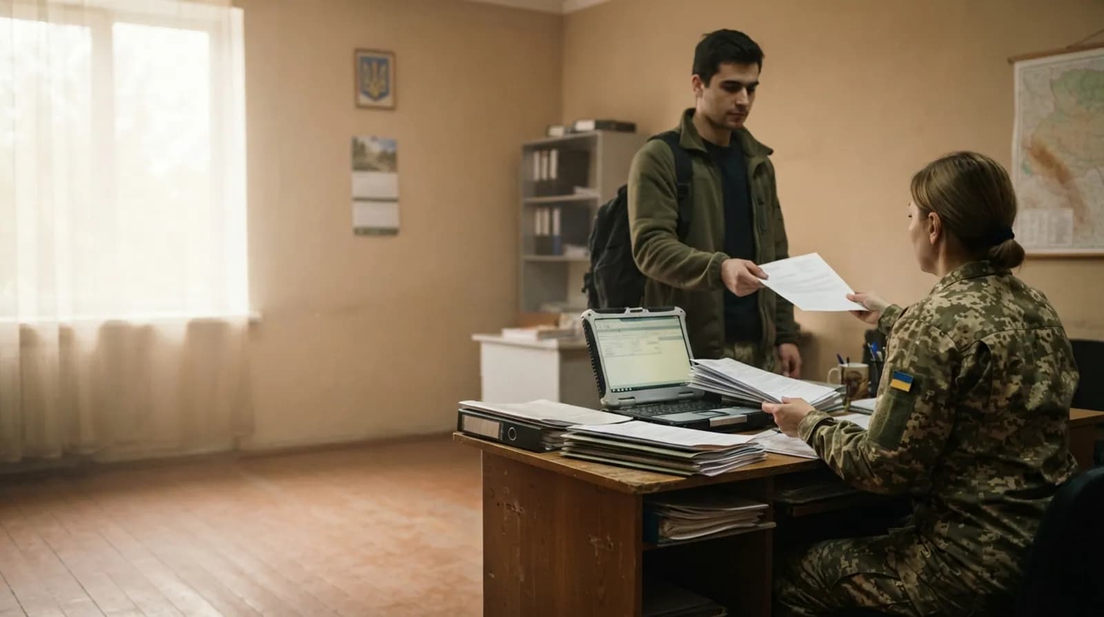 Офіцер групи персоналу приймає документи в новобранця за столом у штабі