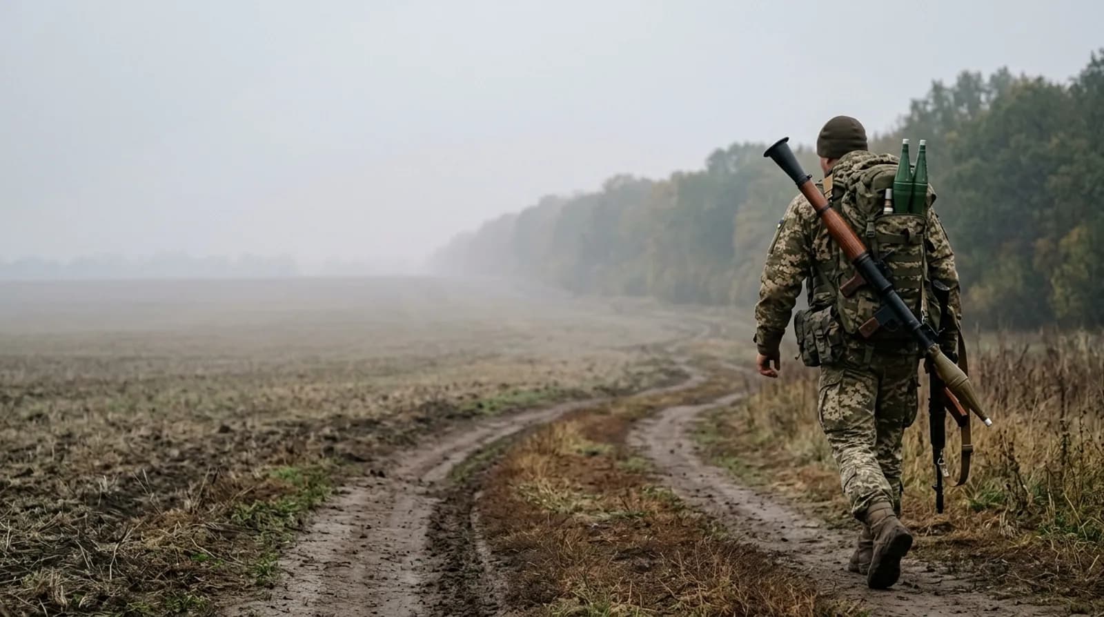 Гранатометник із трубою РПГ за спиною йде польовою стежкою