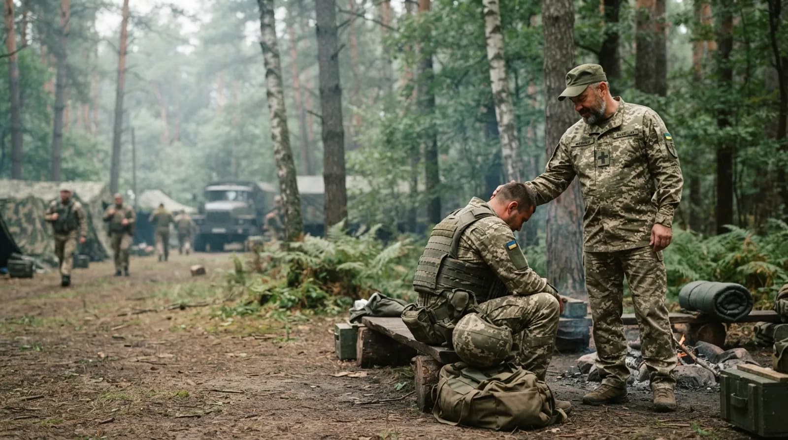 Капелан поруч із бійцем, що сидить у лісовому таборі