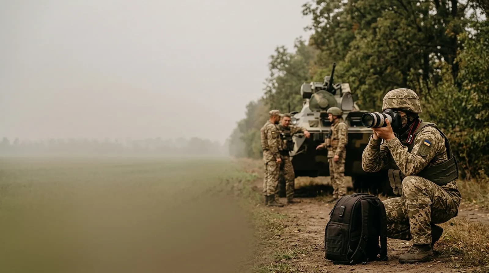 Військовий фотограф із камерою знімає на позиції