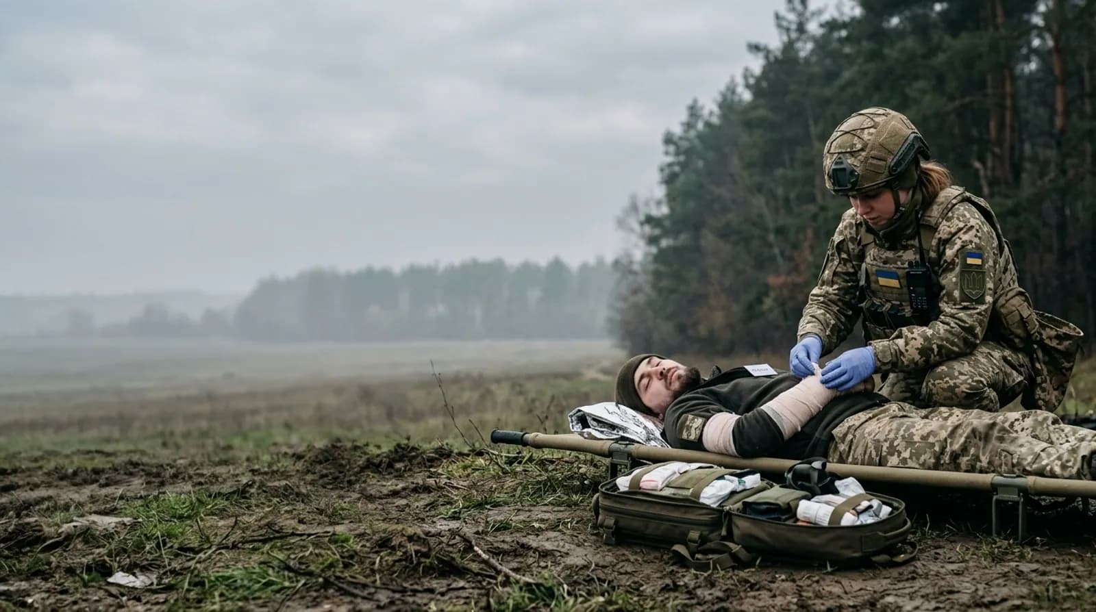 Бойовий медик біля пораненого на ношах з відкритим медичним рюкзаком