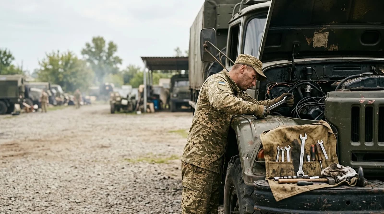 Механік з гайковим ключем над відкритим моторним відсіком вантажівки