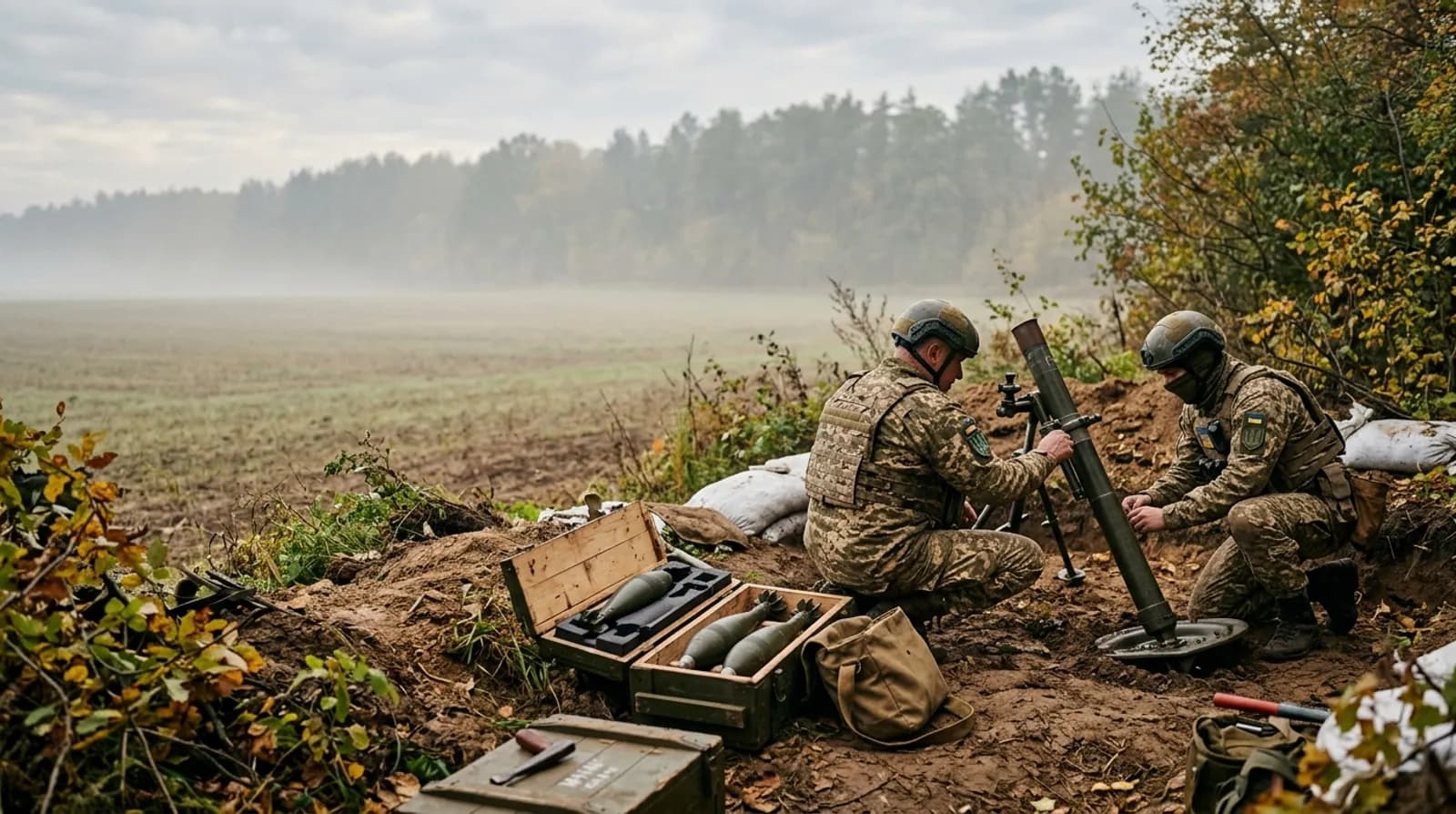 Мінометний розрахунок встановлює міномет на вогневій позиції