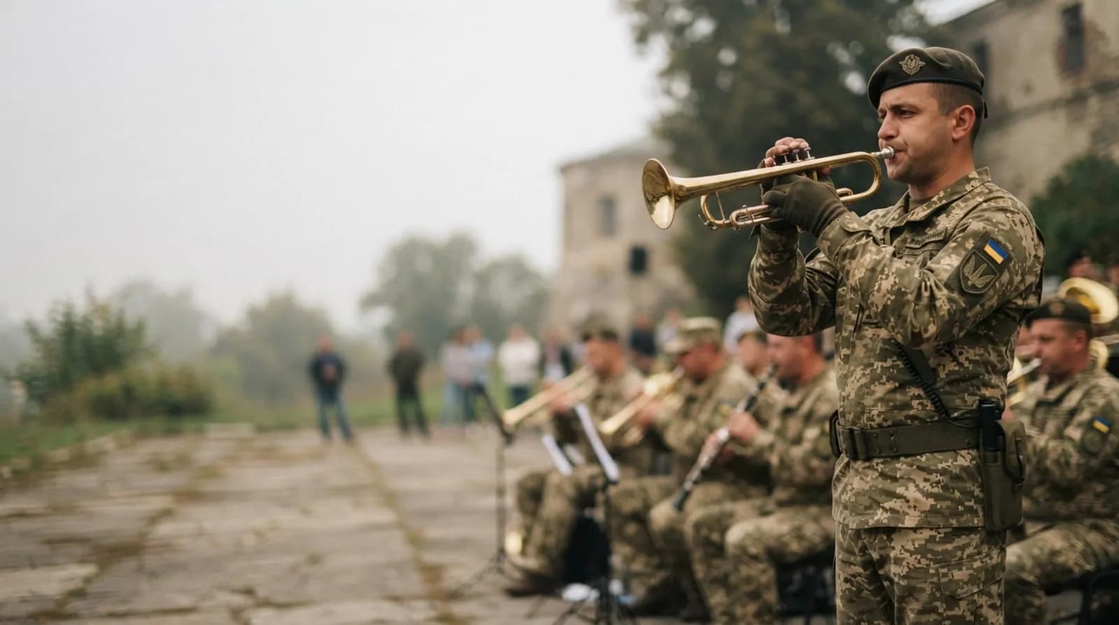 Військовий музикант грає на трубі під час церемонії просто неба