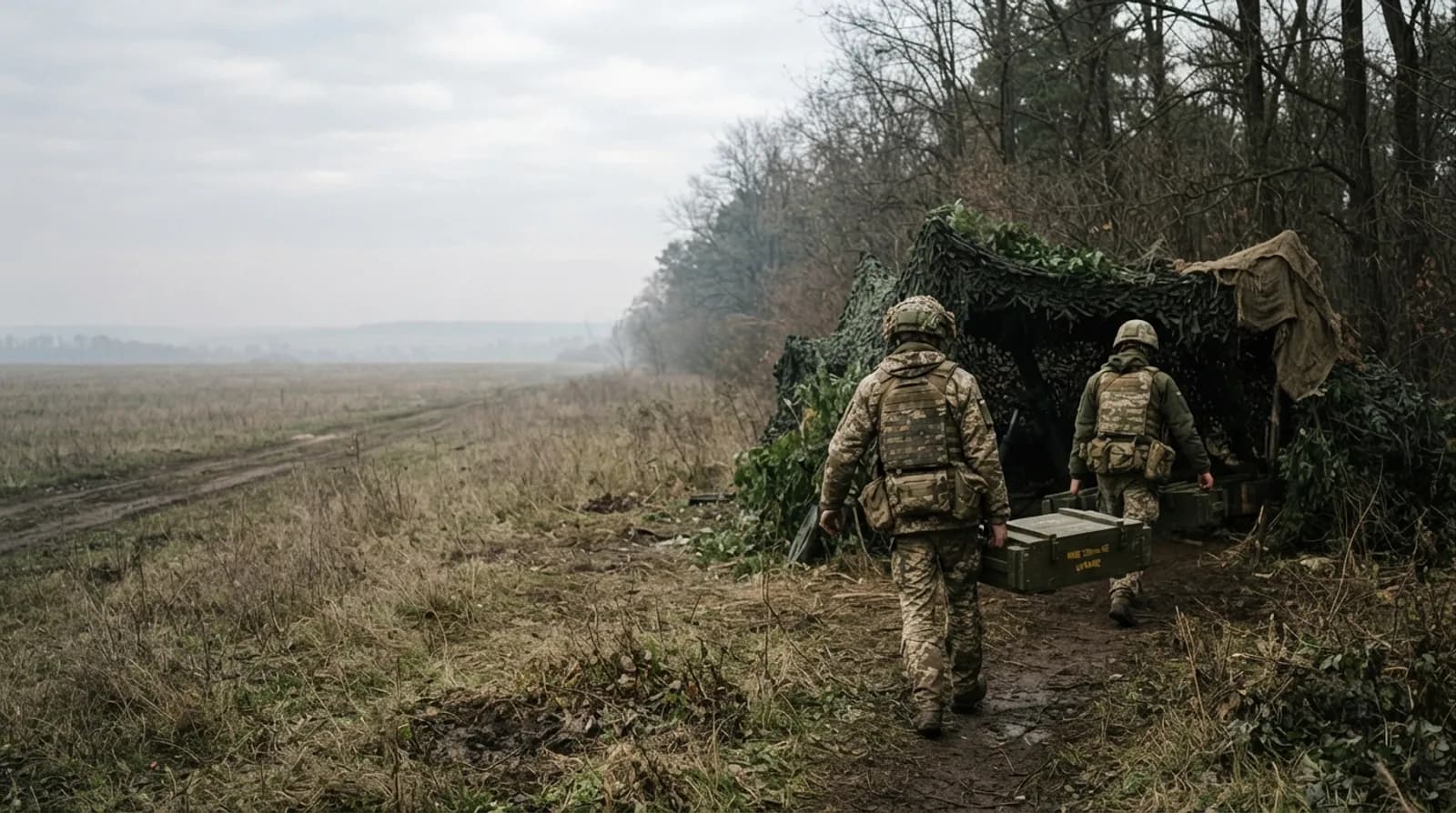 Номери обслуги несуть ящики з боєприпасами до замаскованої мінометної позиції