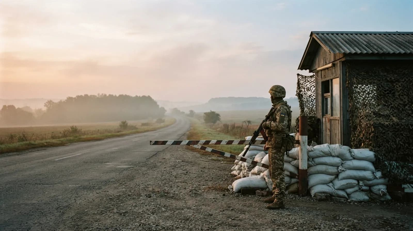 Охоронник на блокпосту з мішками з піском біля шлагбаума на світанку