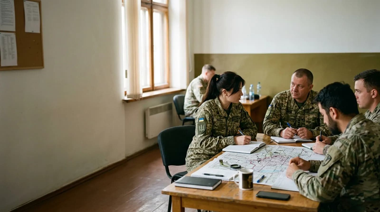 Перекладач у формі між українськими та іноземними військовими за столом