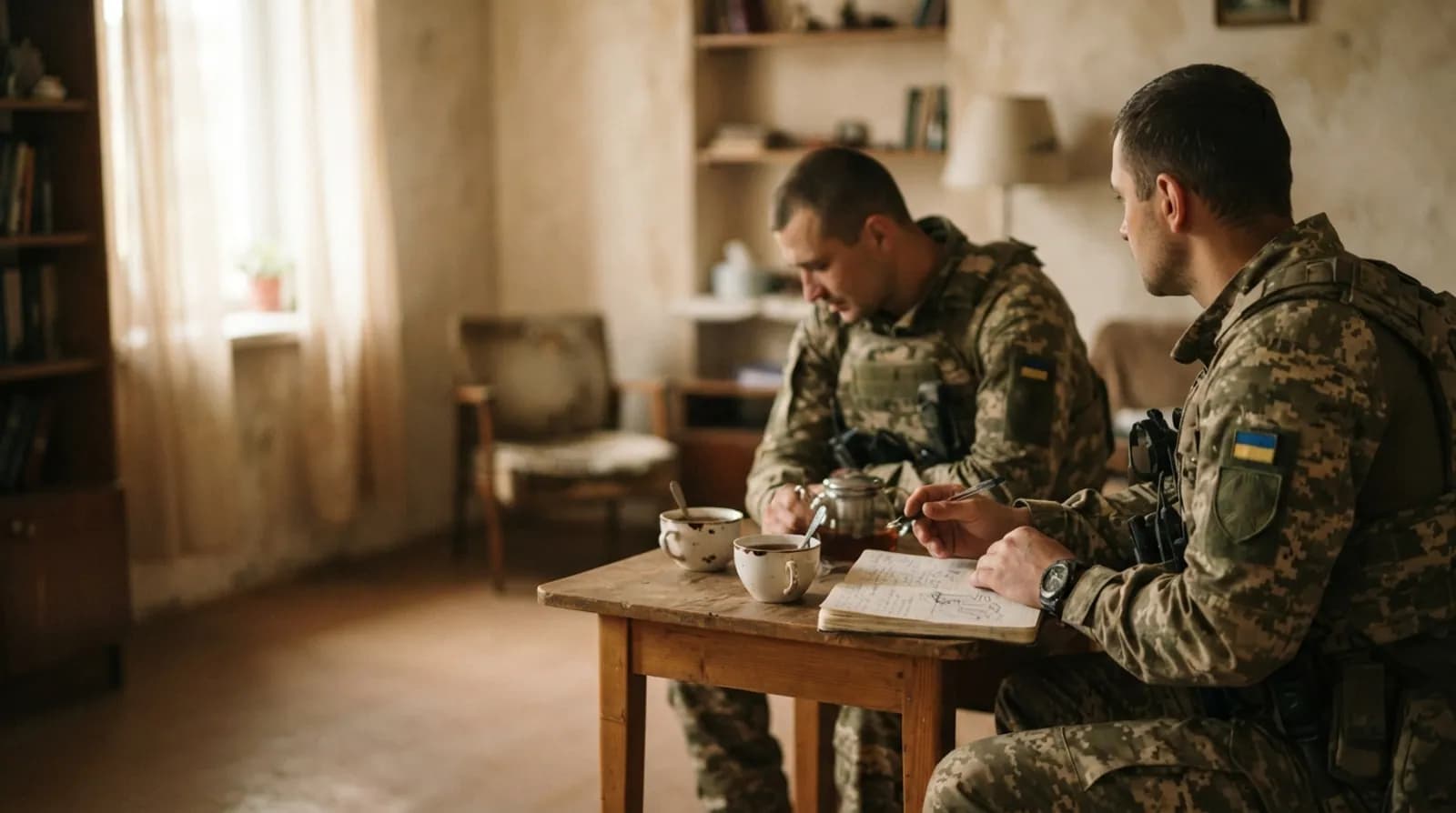 Фахівець соціального супроводу розмовляє з бійцем за столом у тихій кімнаті