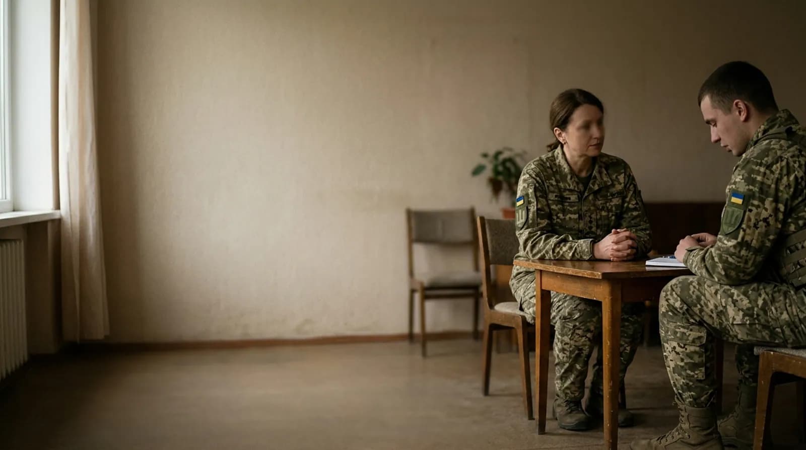 Психолог розмовляє з військовим у тихій кімнаті біля вікна