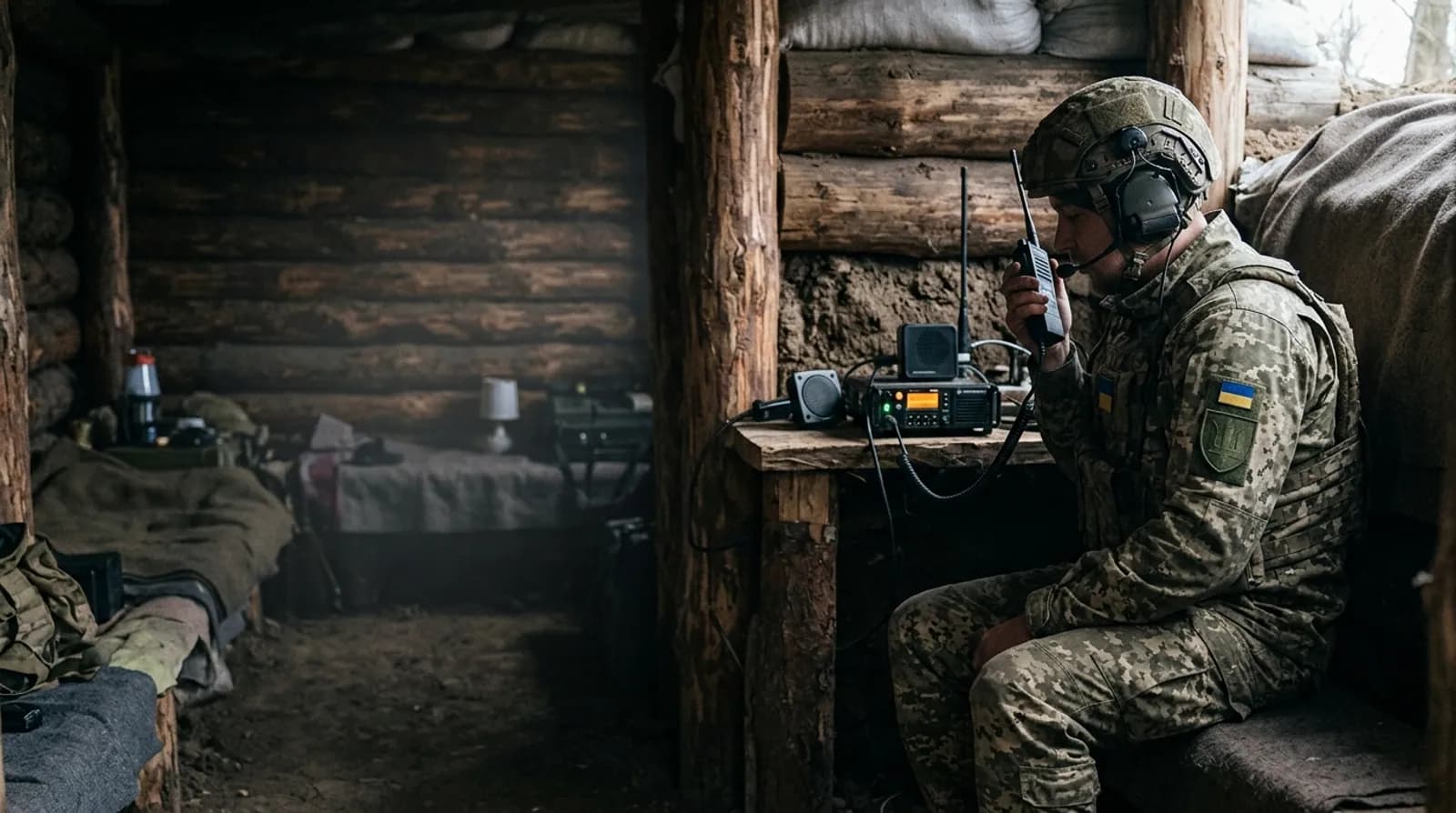 Радіотелефоніст з гарнітурою біля радіостанції в бліндажі