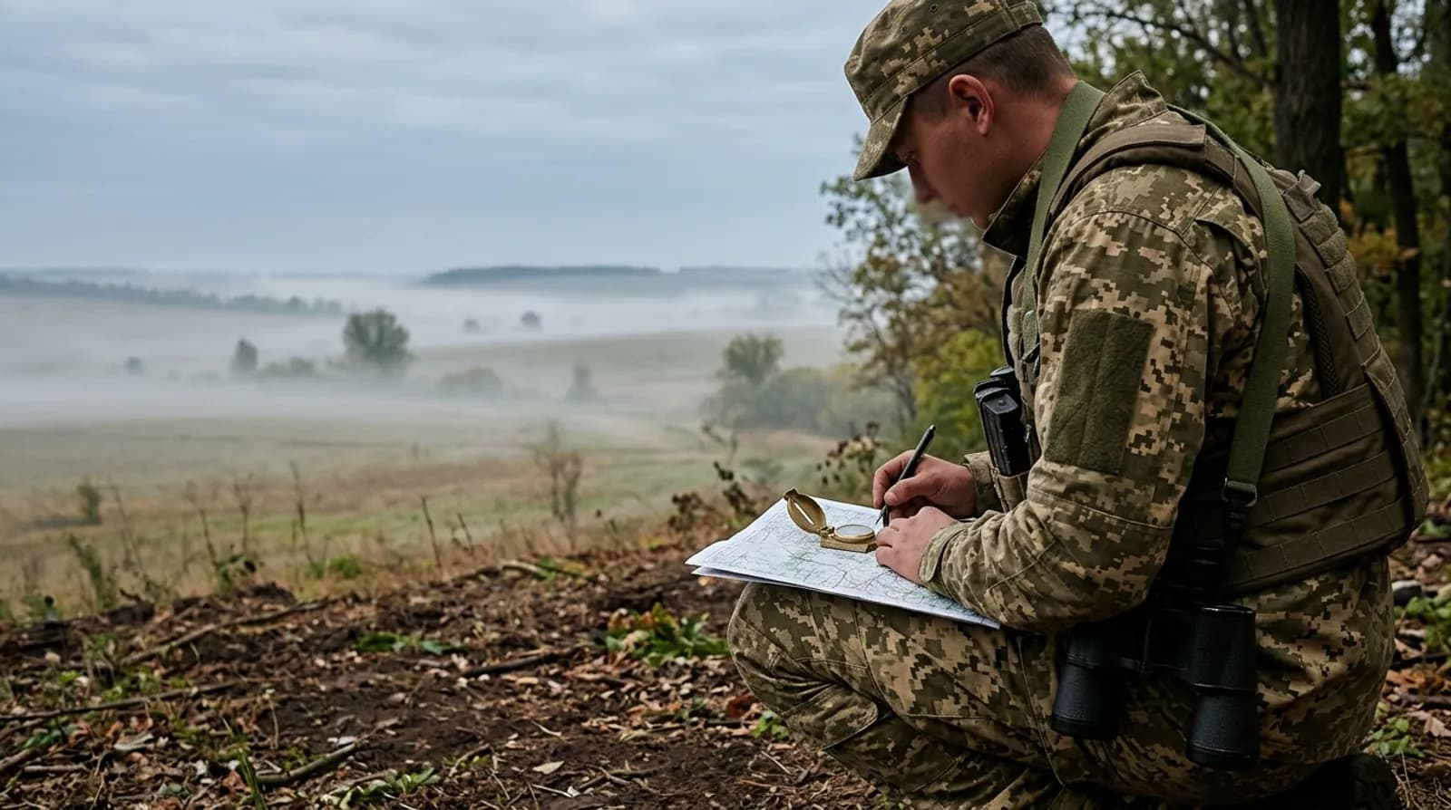 Розвідник з біноклем позначає карту на узліссі