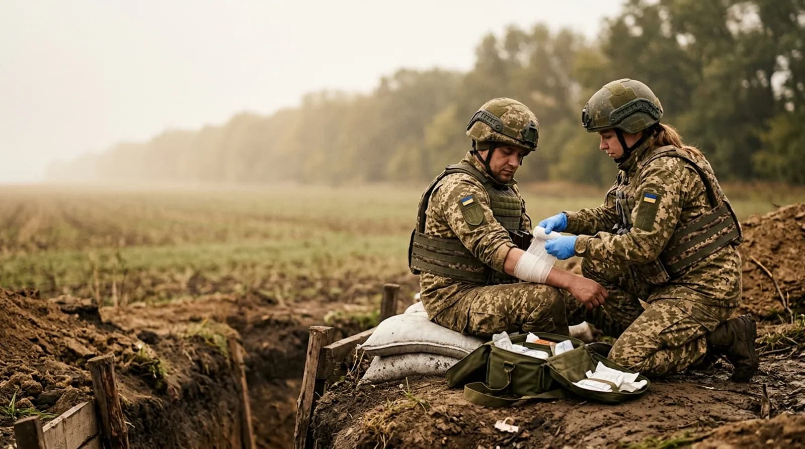 Санінструктор із медичною сумкою біля бійця на позиції