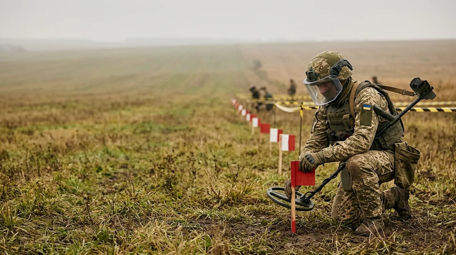 Сапер встановлює червоний прапорець на розмінованій ділянці