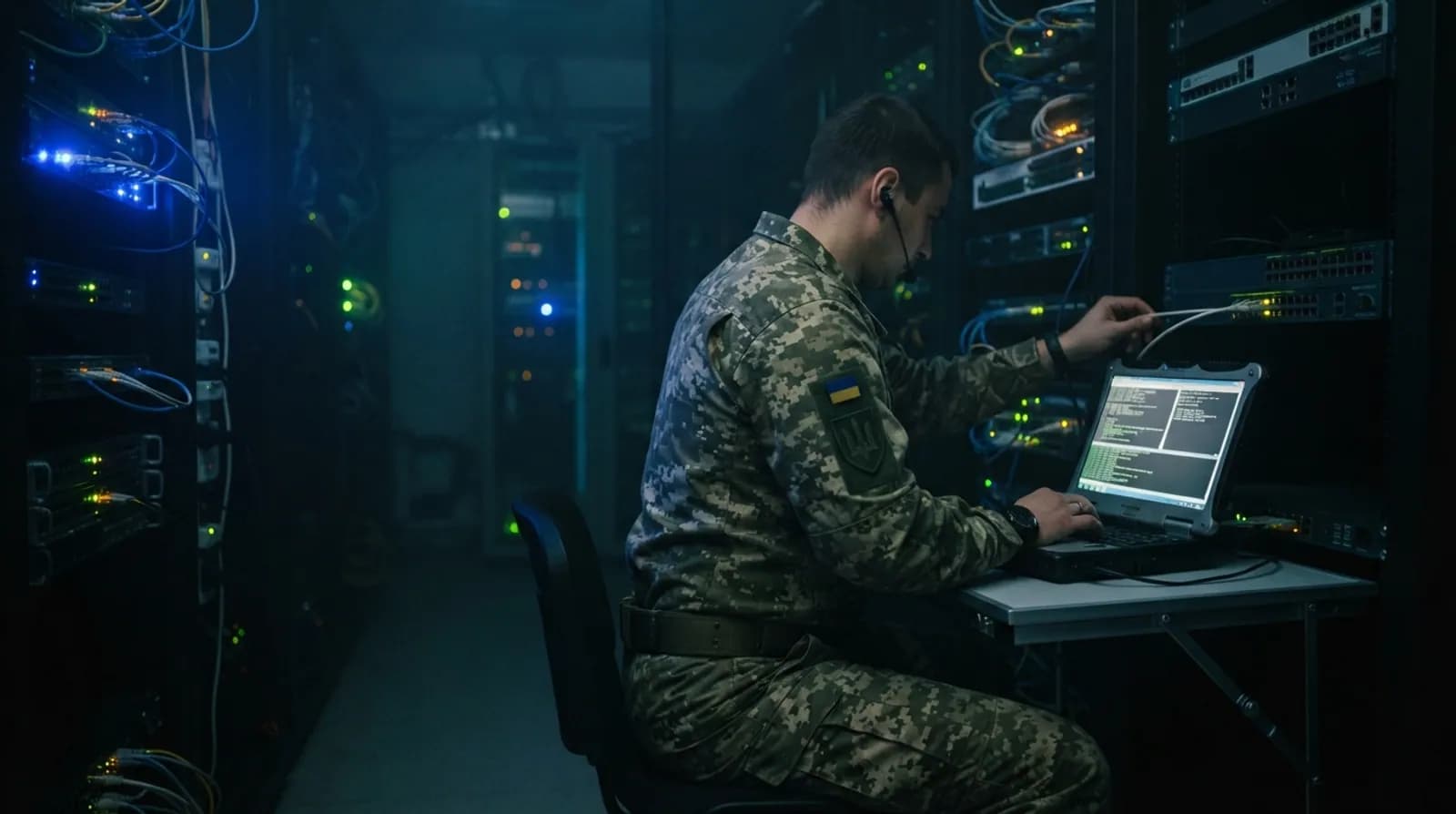 Фахівець з кібербезпеки працює з ноутбуком біля серверної стійки