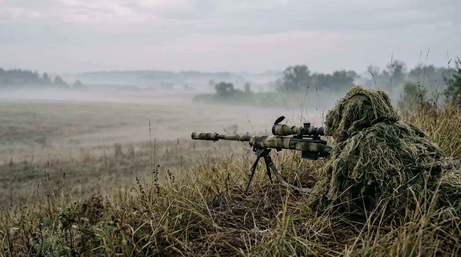 Снайпер у замаскованій позиції зі снайперською гвинтівкою