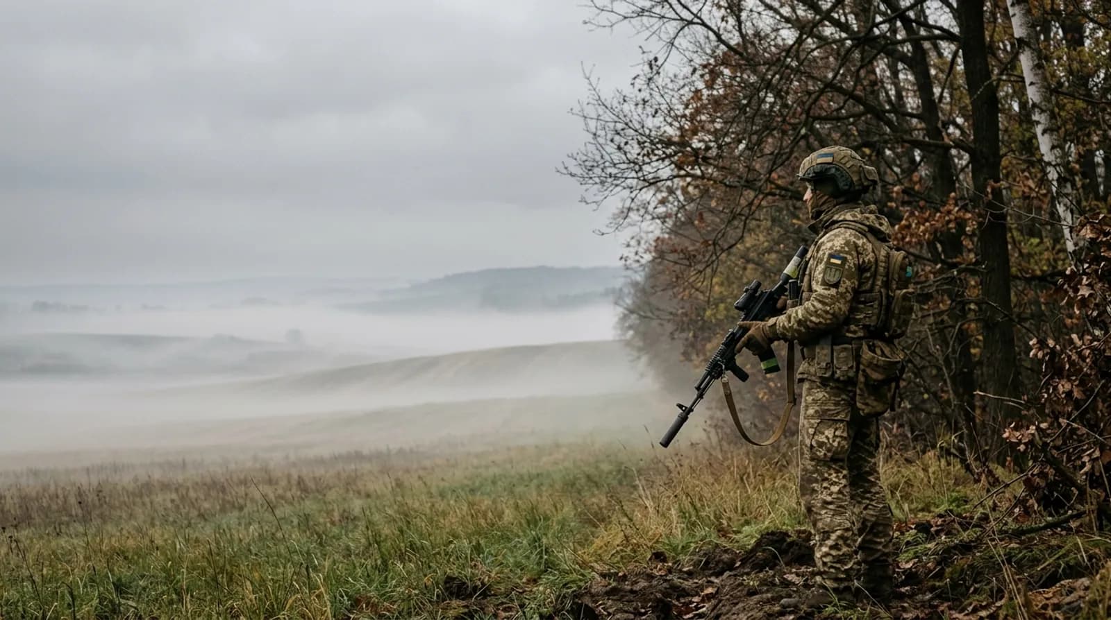 Стрілець зі зброєю на узліссі перед туманним полем