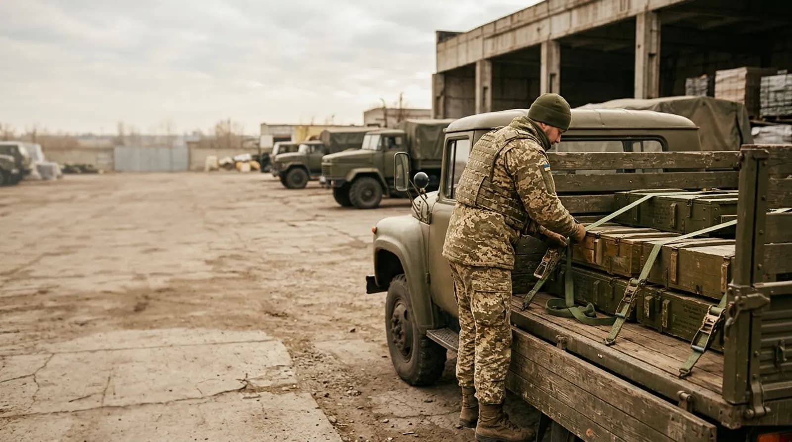 Такелажник кріпить ящики в кузові військової вантажівки