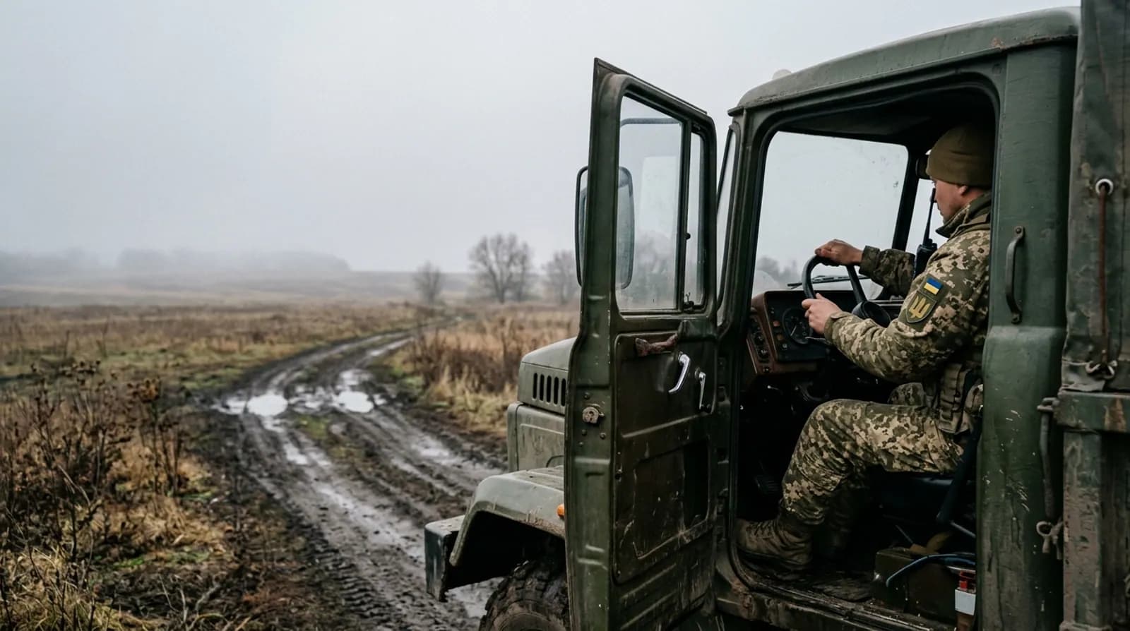 Водій у кабіні військової вантажівки на польовій дорозі