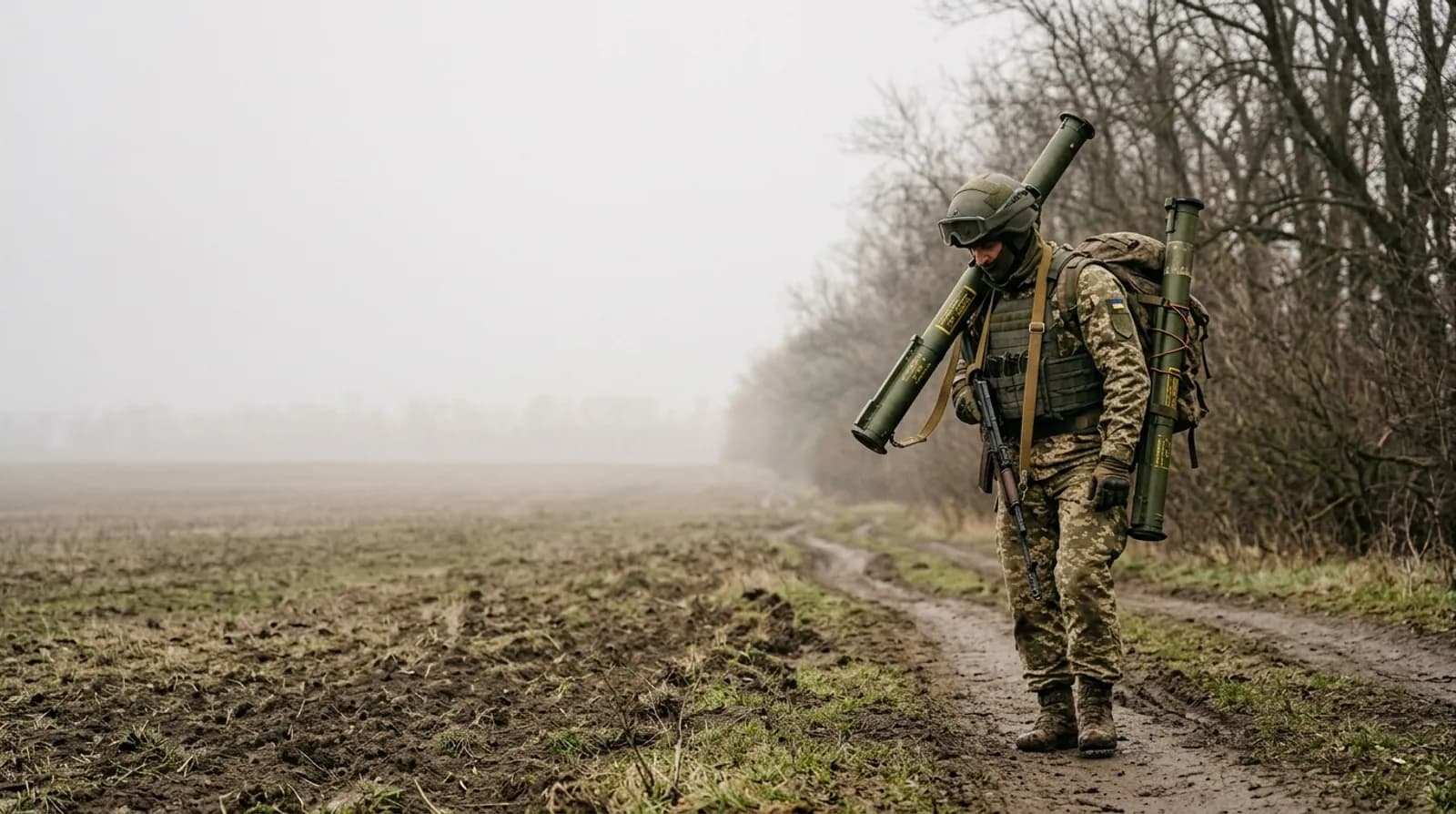 Вогнеметник несе реактивний піхотний вогнемет уздовж лісосмуги