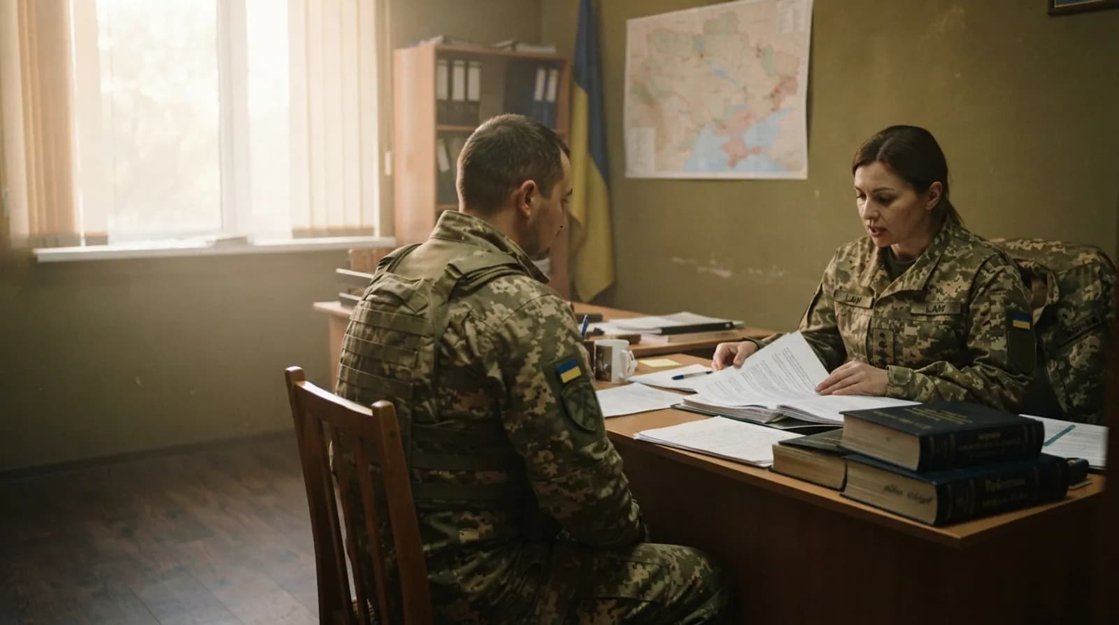 Військовий юрист консультує бійця за столом із кодексами та документами