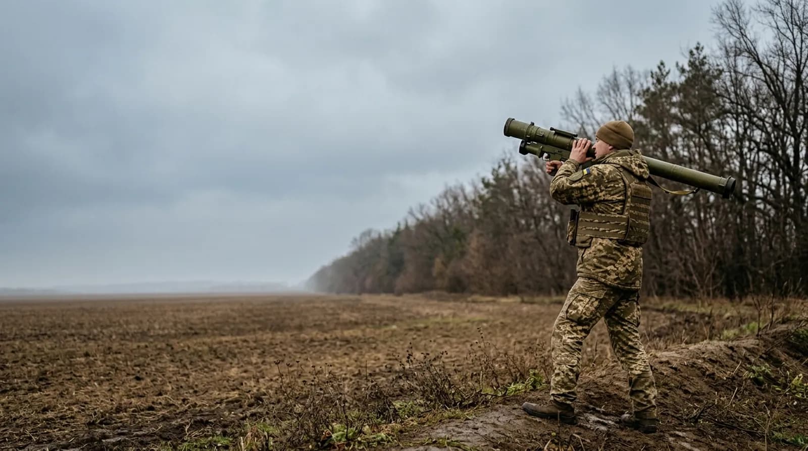 Стрілець-зенітник із ПЗРК на плечі оглядає небо над полем