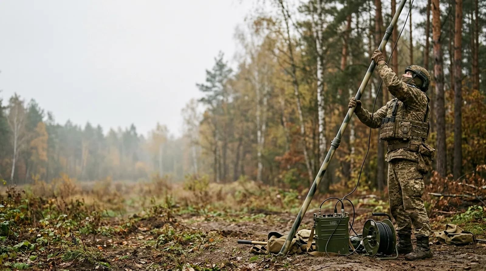 Зв'язківець розгортає антену польової радіостанції на лісовій галявині