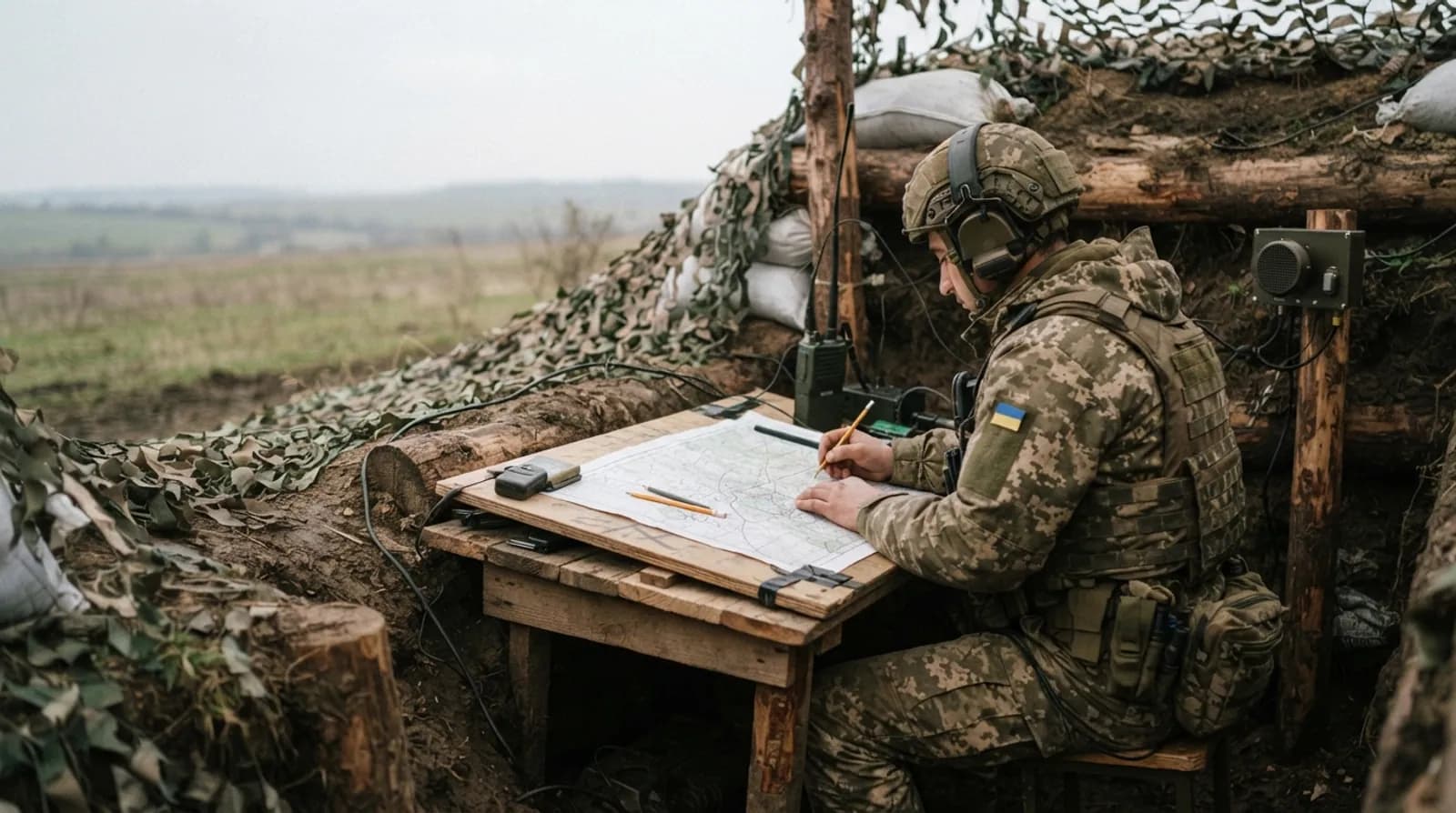 Звукометрист у гарнітурі наносить дані на планшет на польовому посту