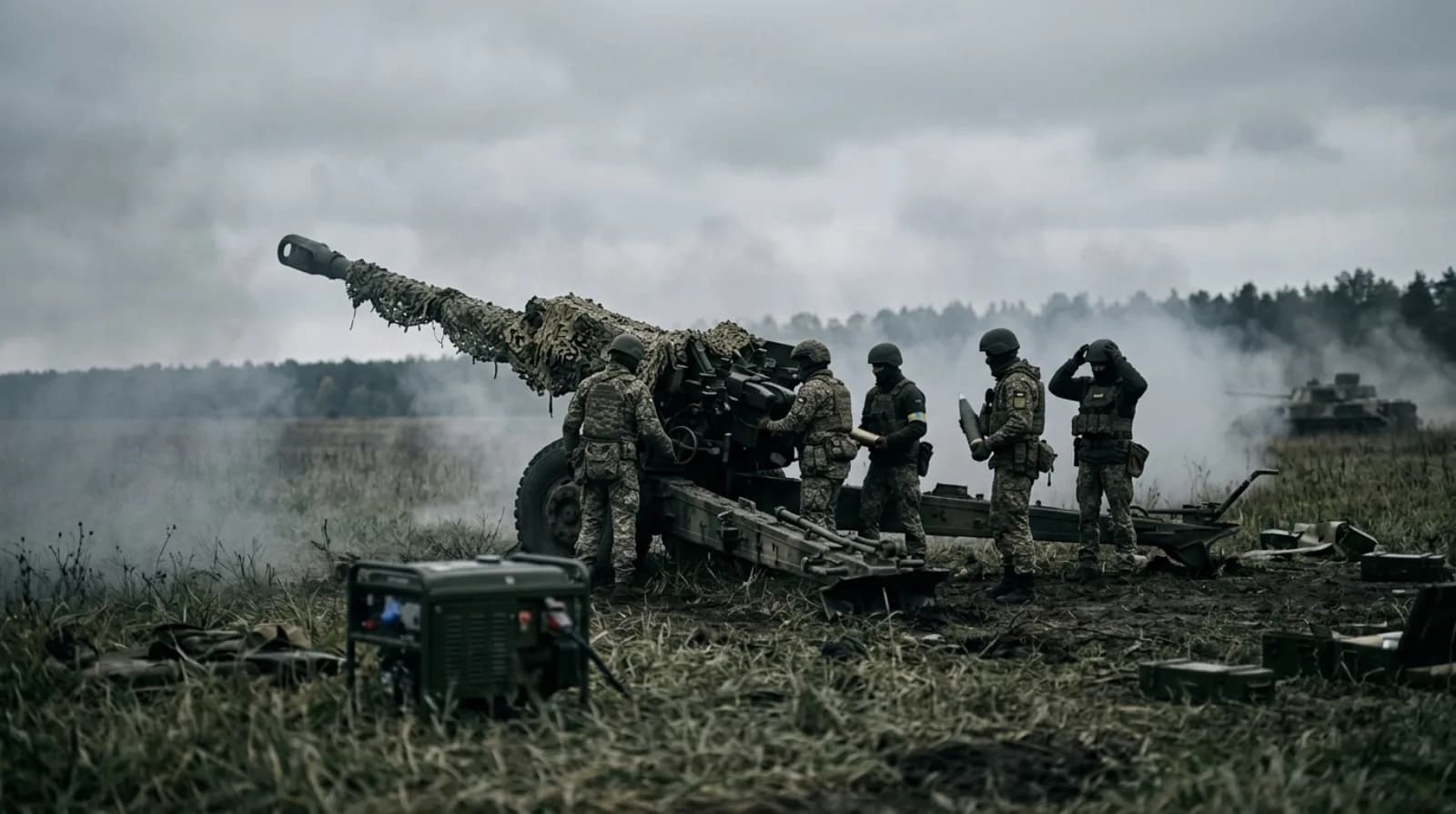 Розрахунок біля гаубиці в полі у димці