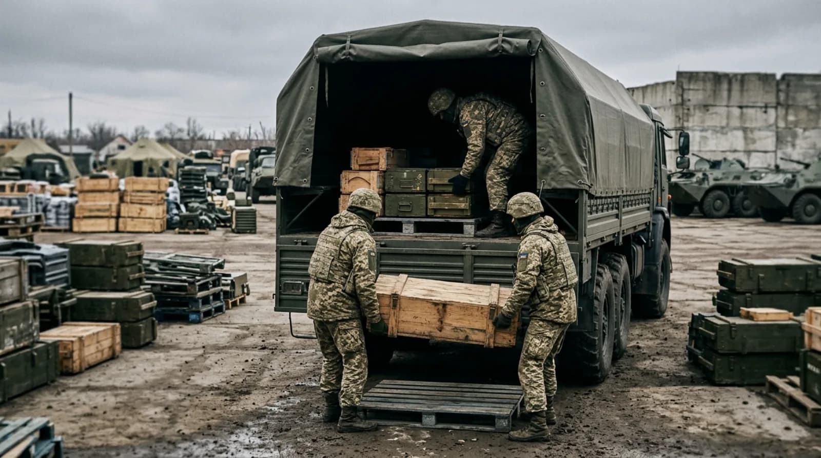 Завантаження ящиків у військову вантажівку на складі