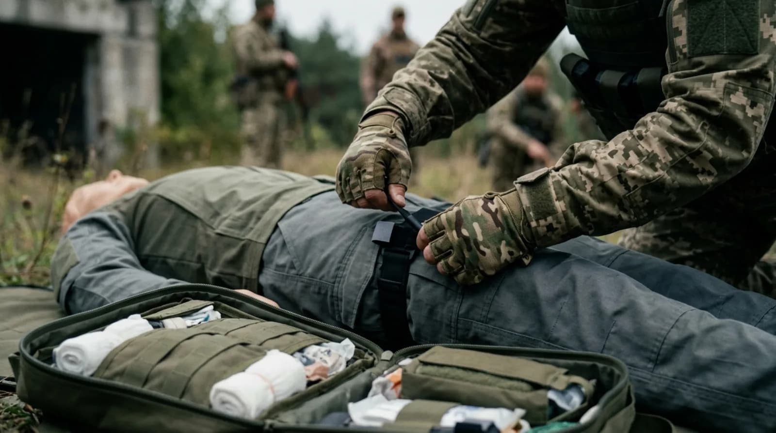 Руки бойового медика накладають турнікет під час підготовки