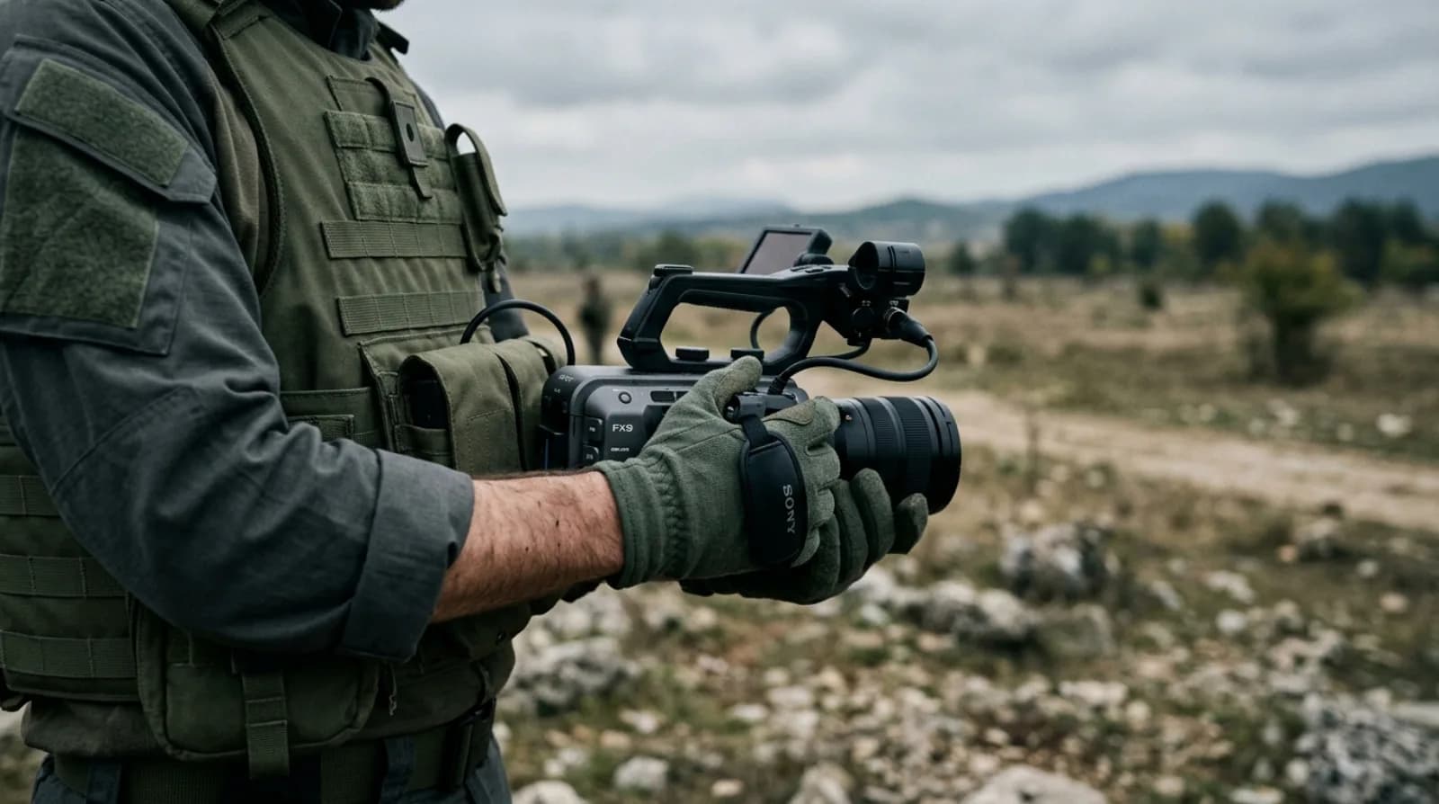 Руки з відеокамерою на зйомці в полі
