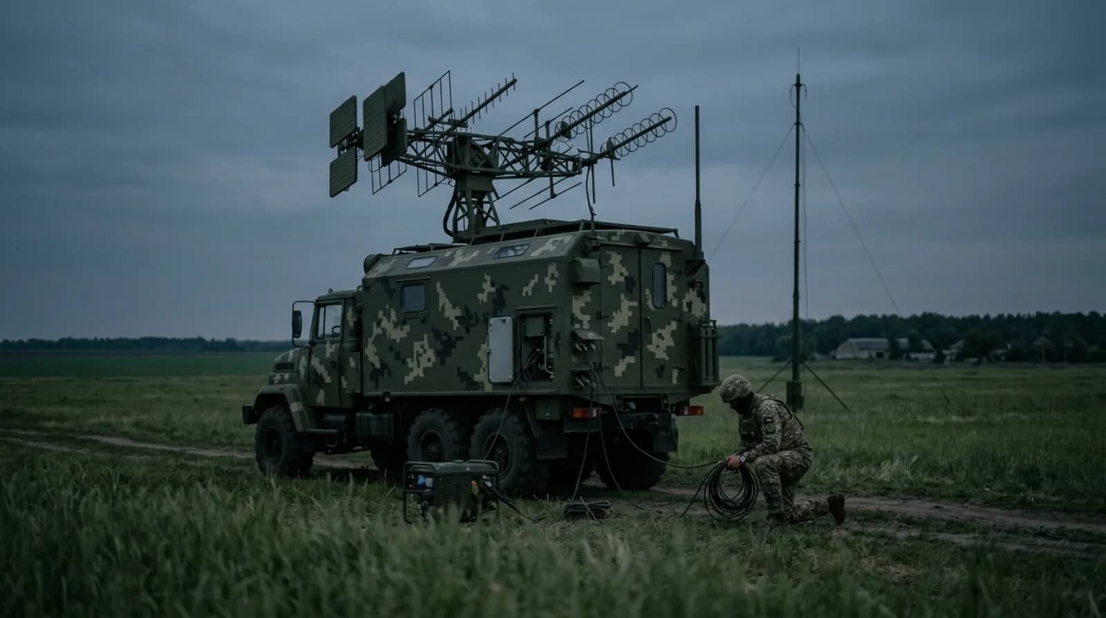 Комплекс радіоелектронної боротьби з антенами в полі надвечір
