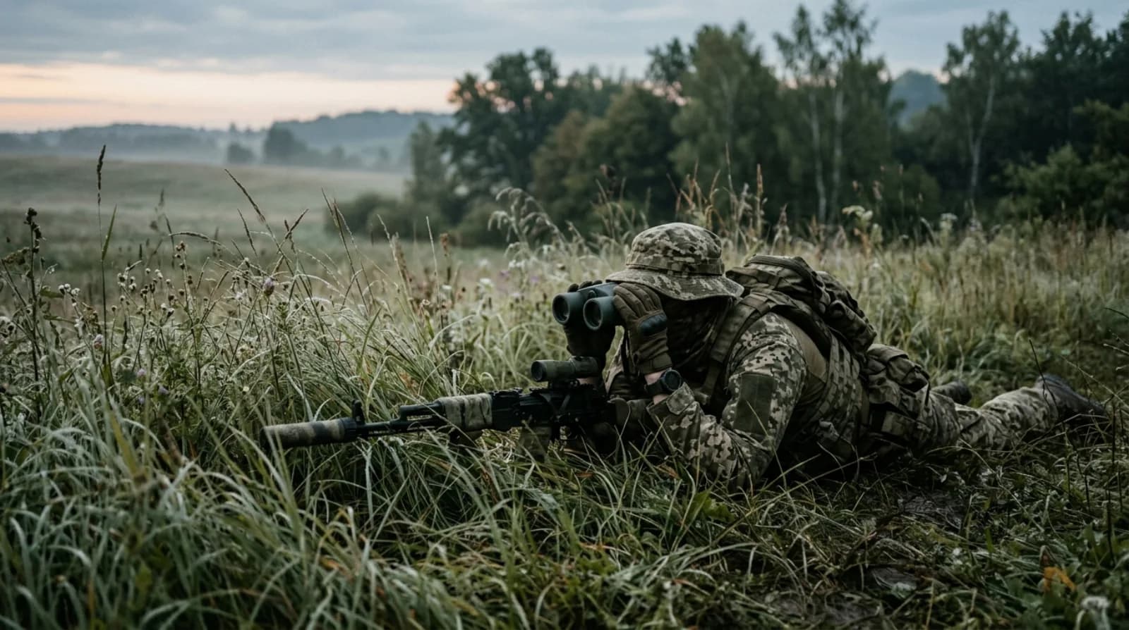 Розвідник з оптикою у високій траві на світанку