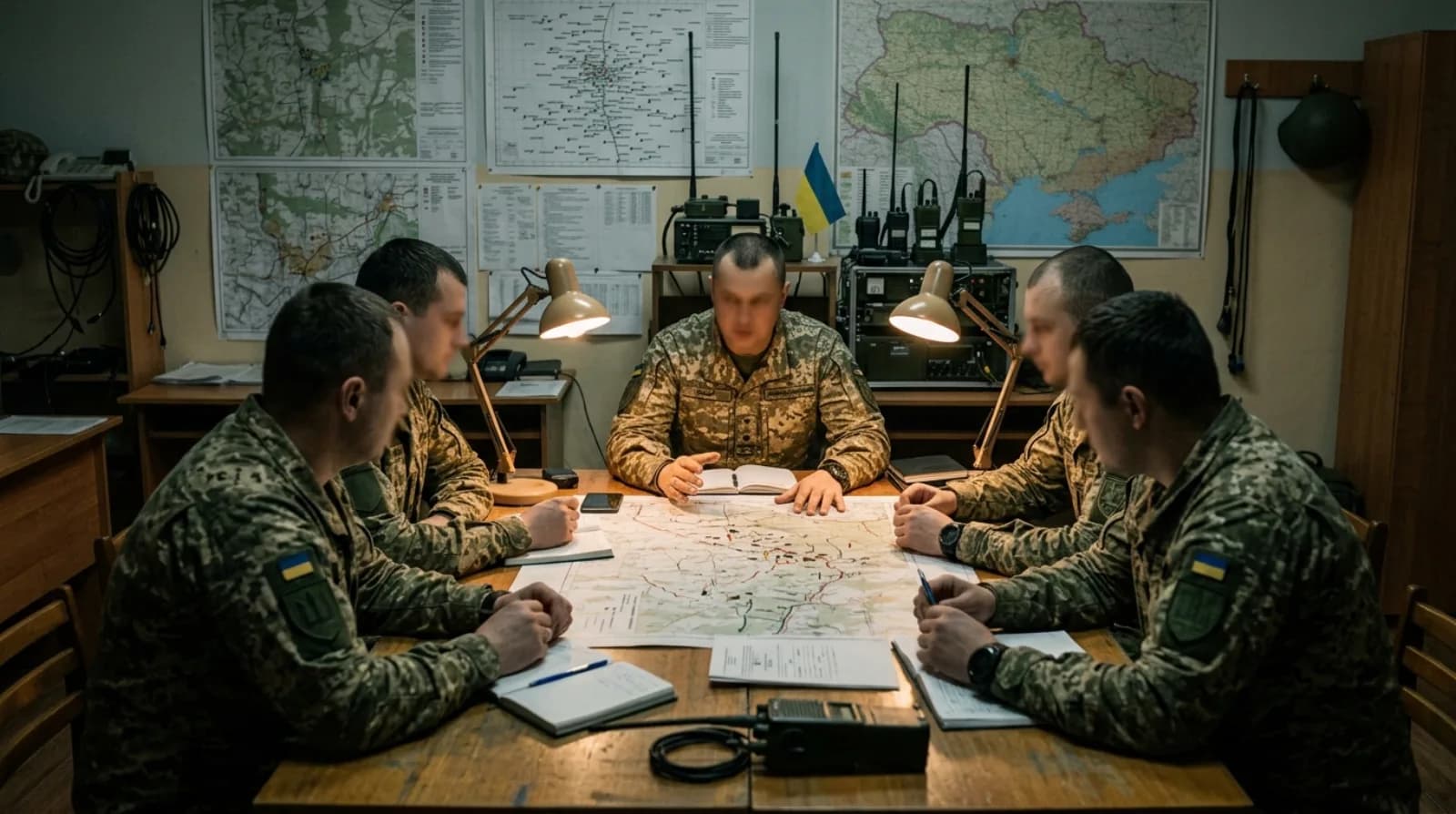 Штабна кімната з картами та радіостанціями під час планування