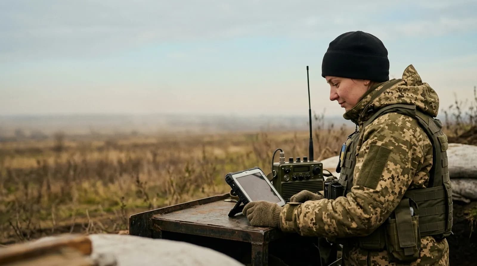 Військова за польовою радіостанцією та планшетом на спостережному пункті
