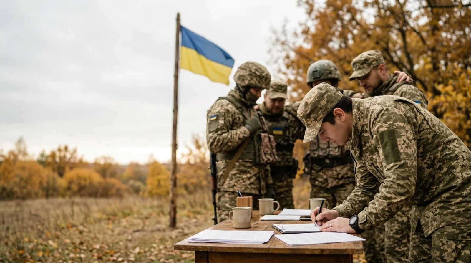Група військовослужбовців підписує контракт за польовим столом біля прапора України