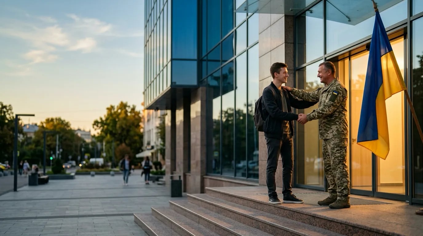 Офіцер тисне руку молодому чоловікові біля входу до будівлі з прапором України