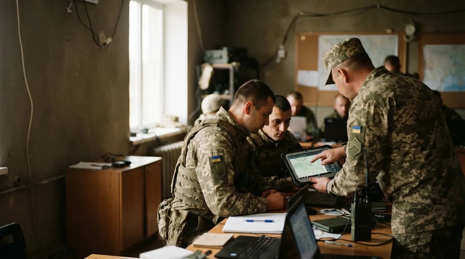 Штаб-сержант відділення цифровізації показує бійцям цифрову карту на планшеті