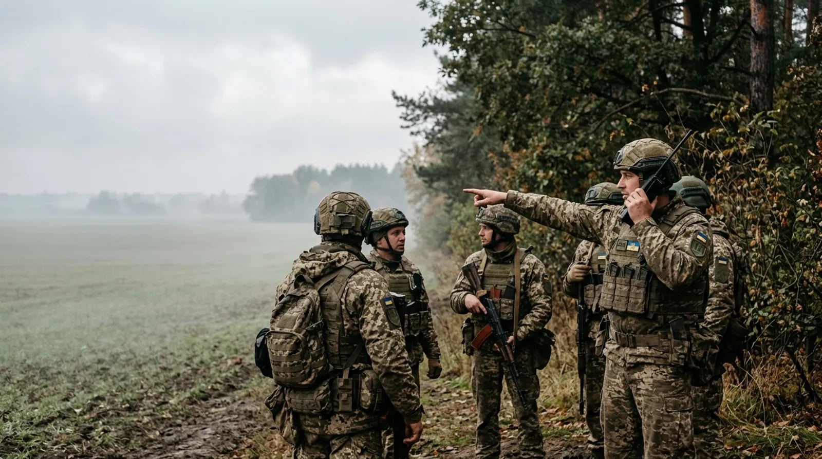Командир із радіостанцією ставить завдання групі бійців на узліссі