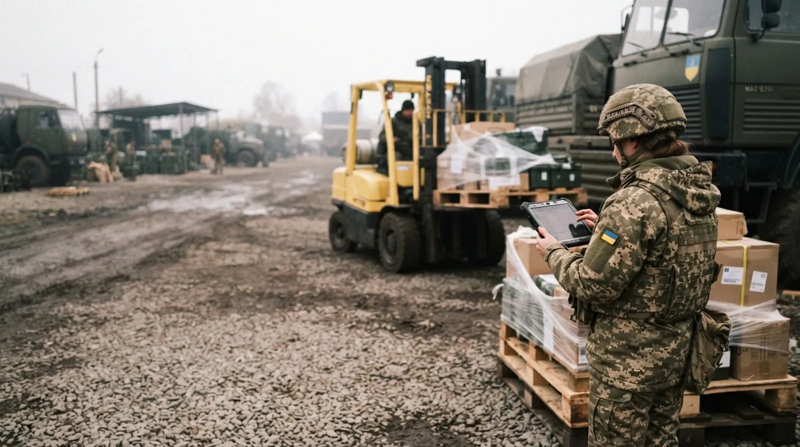 Логіст із планшетом перевіряє палети з вантажем біля військової вантажівки на складі