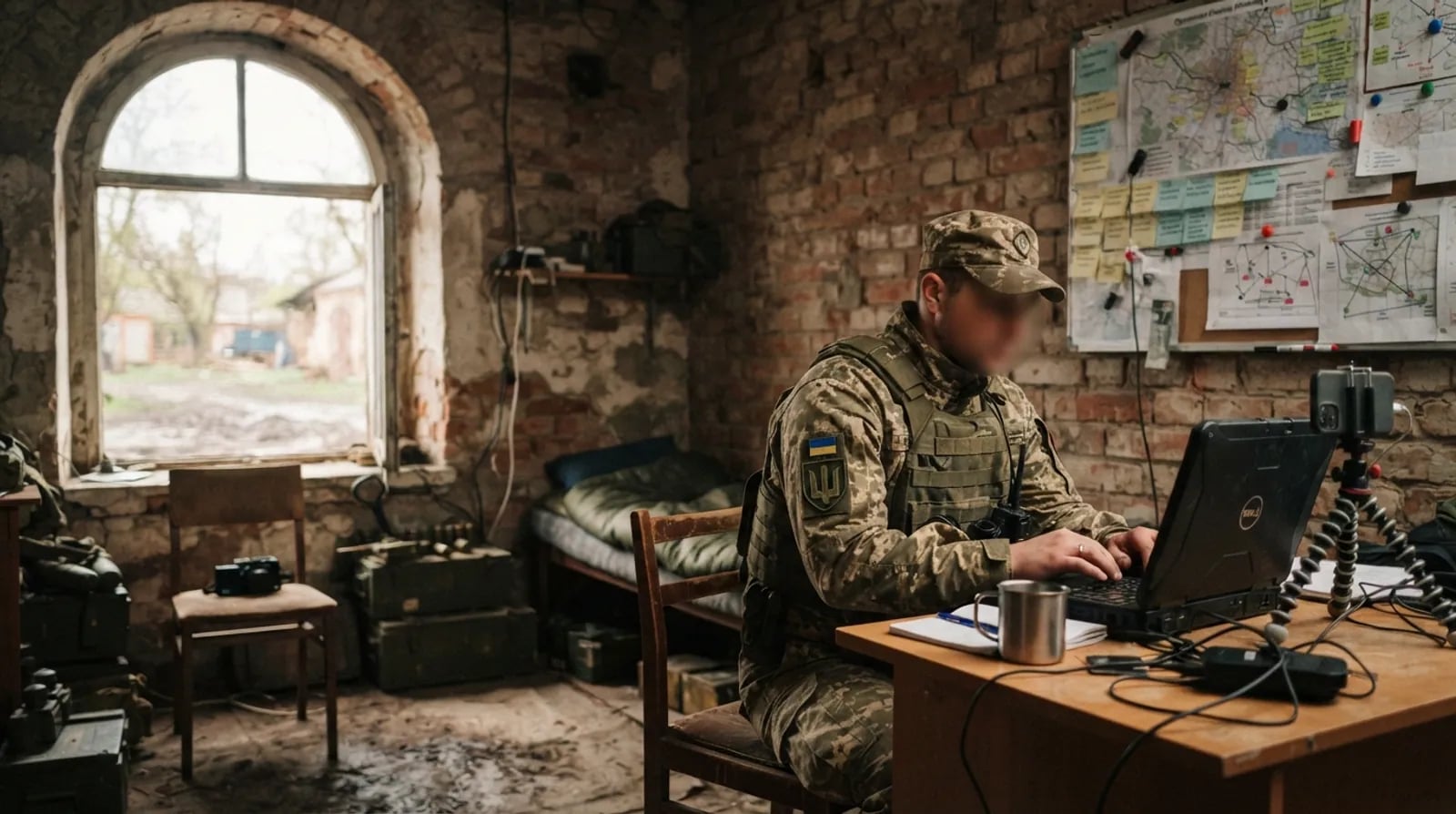Військовий за ноутбуком біля дошки планування зі стікерами в польовому офісі