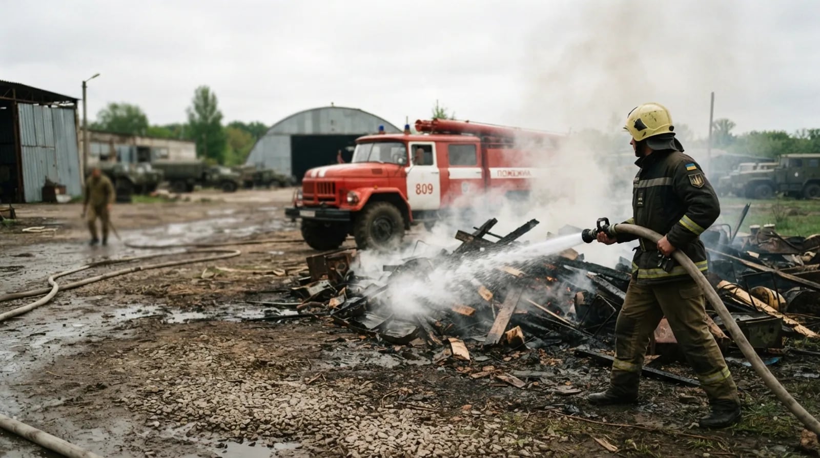 Військовий пожежник гасить тління з рукава біля пожежної машини на складі