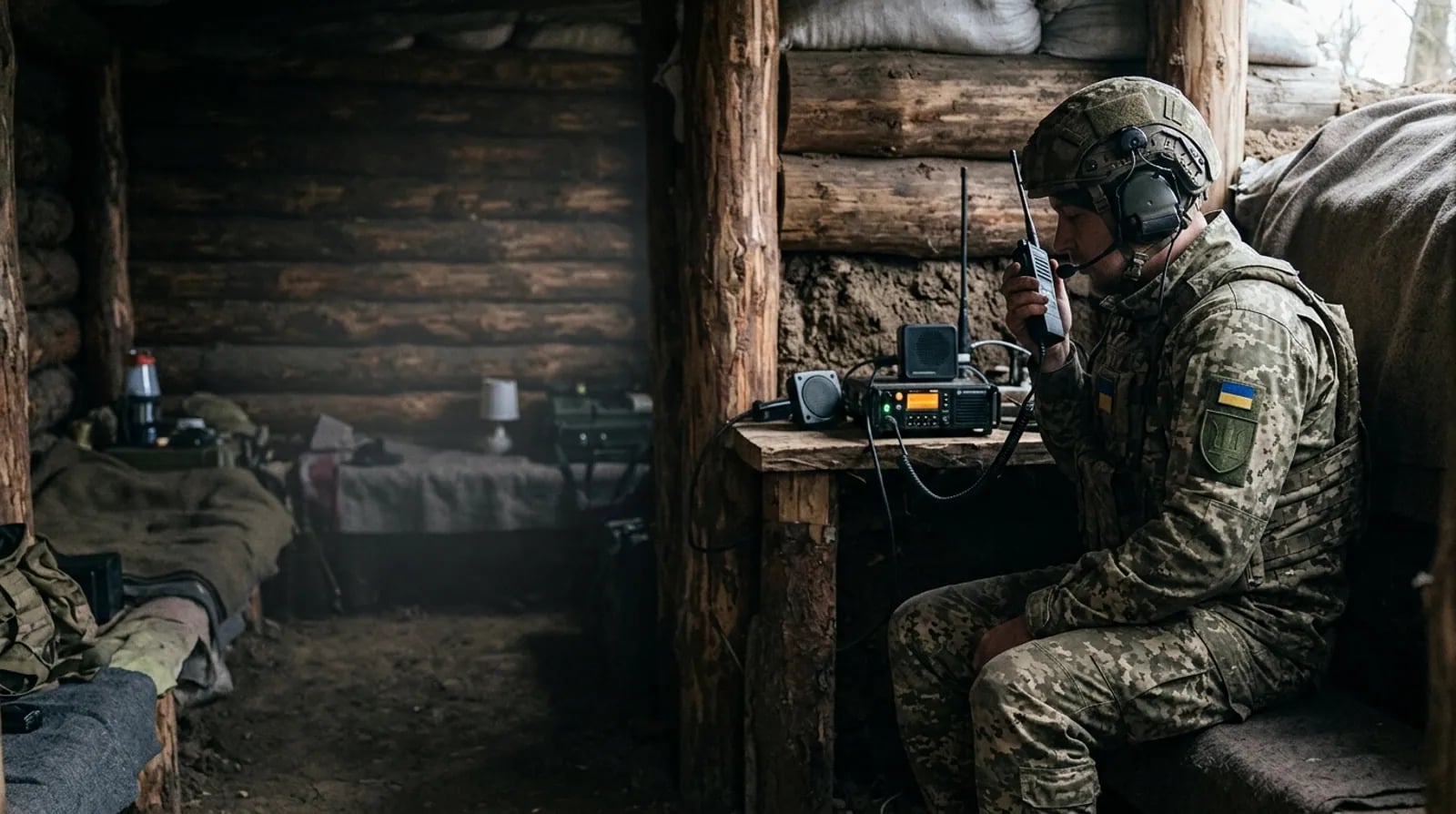 Радіотелефоніст з гарнітурою біля радіостанції в бліндажі