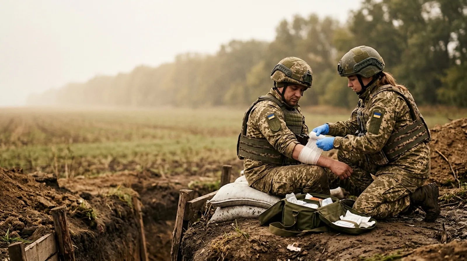 Санінструктор із медичною сумкою біля бійця на позиції